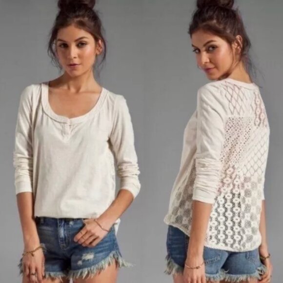 Free People Tops - Free People Ivory Long Sleeve Top with Patchwork Crochet Back